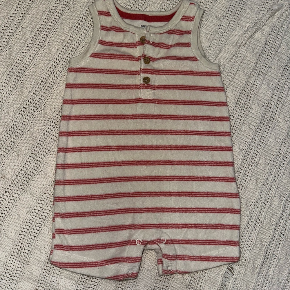 Carter's Cream & Red Striped Sleeveless Henley One-Piece